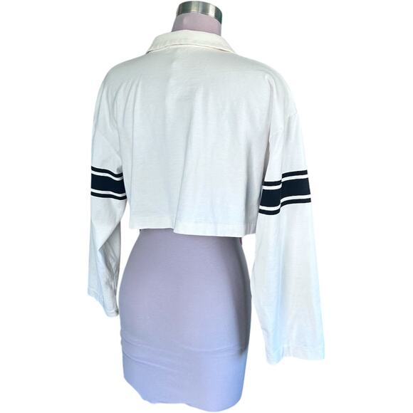 NWOT Zara Rugby Stripe Cream & Black Long Sleeve Cropped Collared Tee Size L - Picture 3 of 4